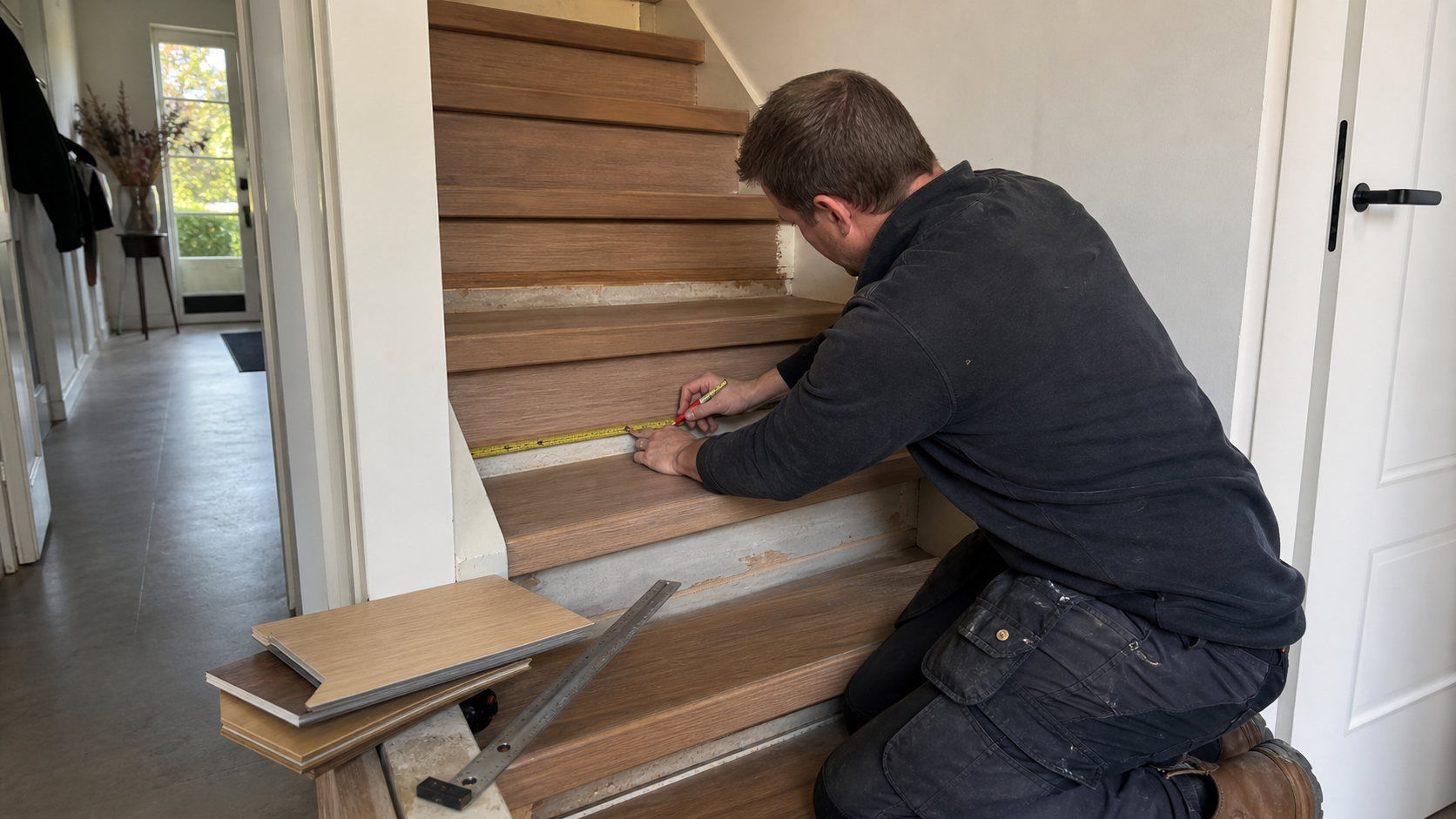 Installateur meet een trap voor traprenovatie