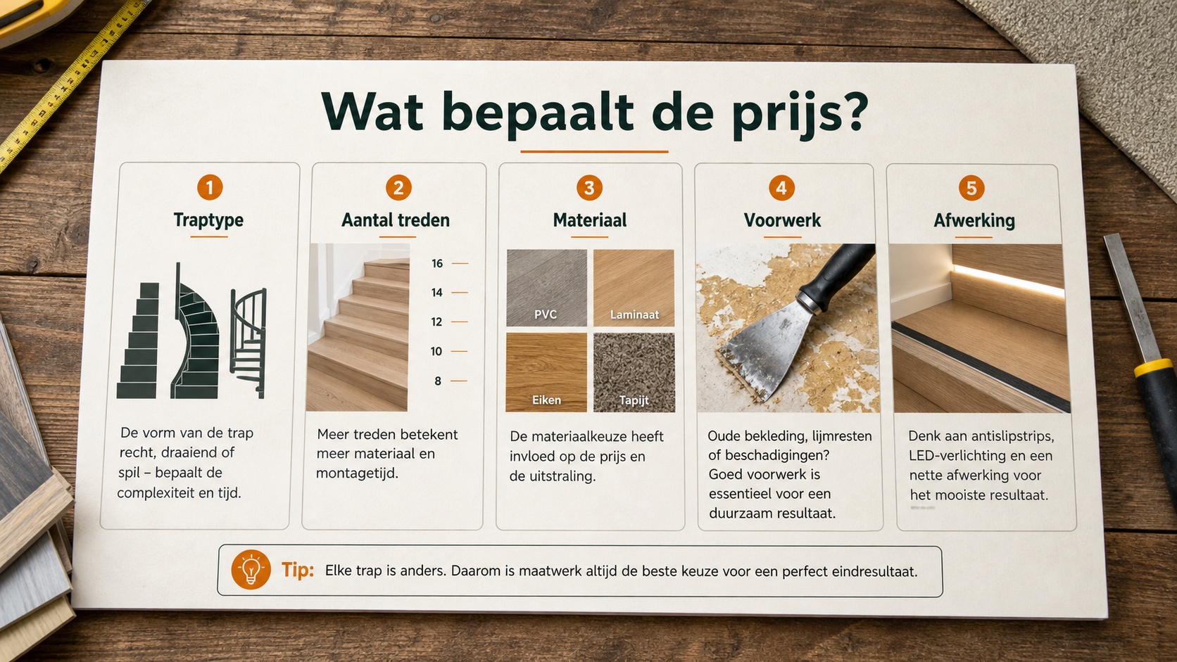 Infographic met prijsfactoren voor traprenovatie