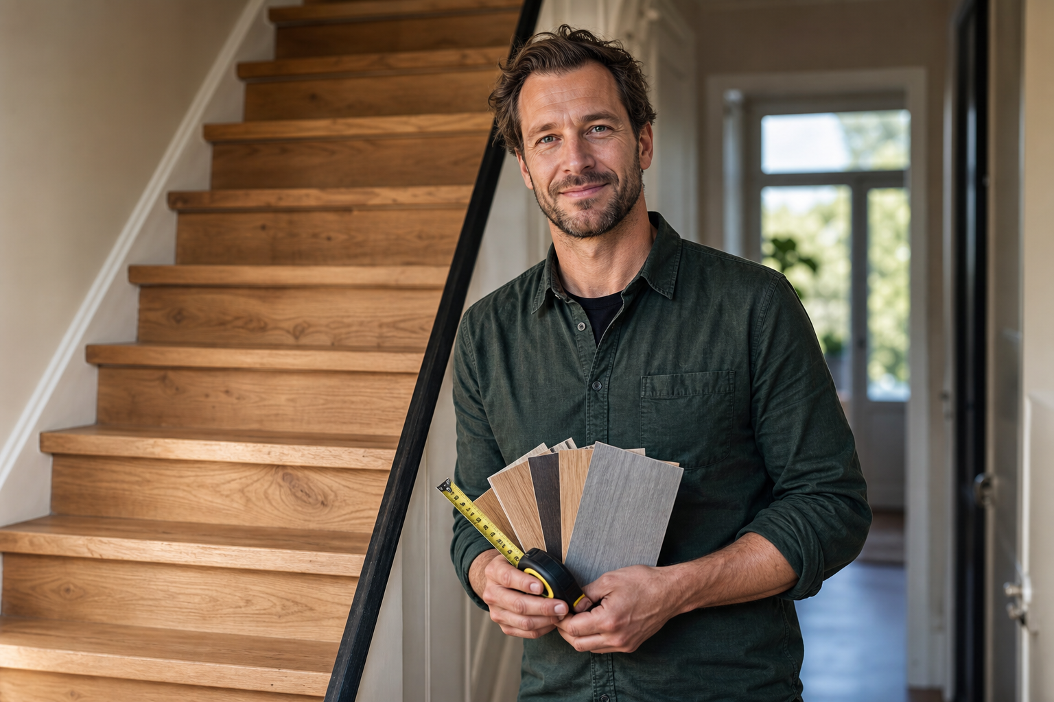 Trapadviseur met materiaalstalen bij een houten trap